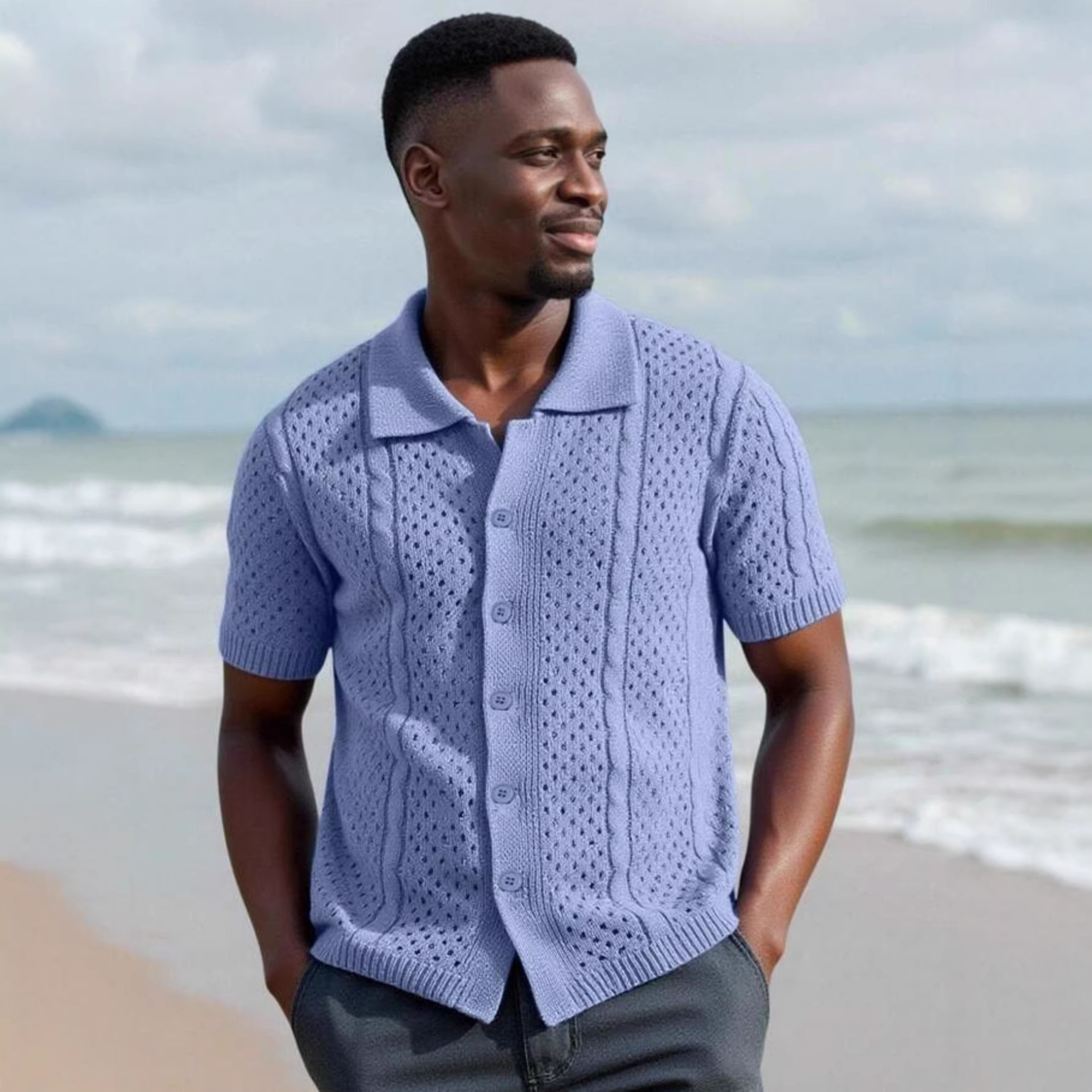 Summer Short-sleeved Collared Fashion Knitted Men's Casual Button-up...