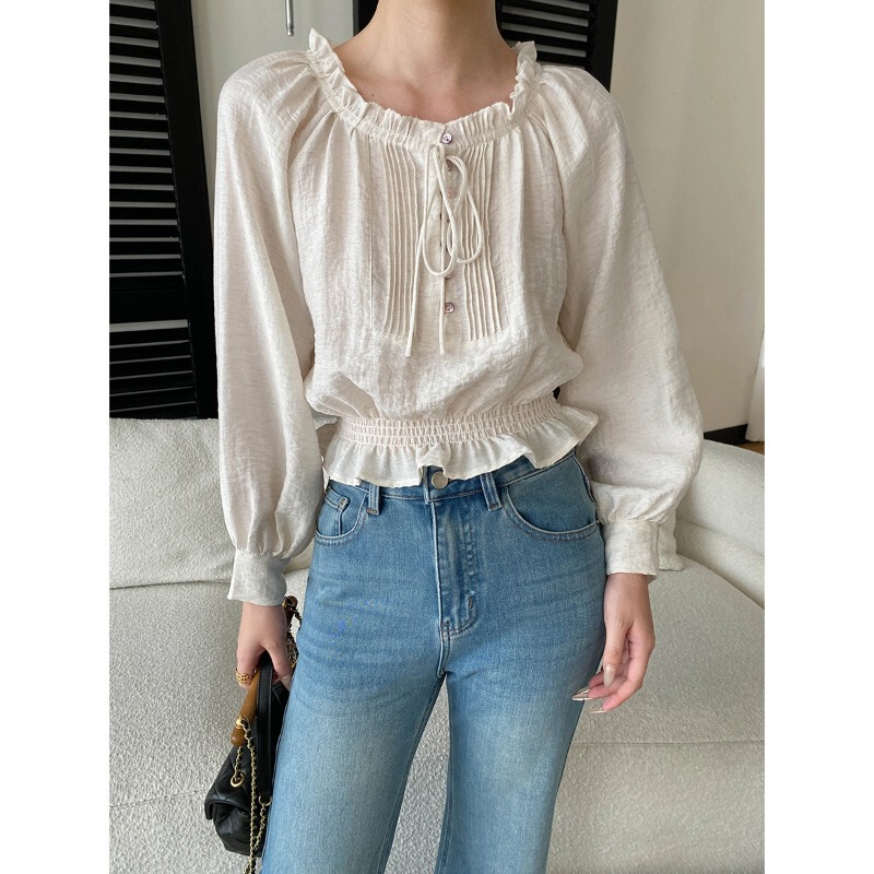 Sinnan Niche Design French Lace-Up Doll Collar Ruffled Waist-Cinching Long-Sleeve Shirt Sn8746