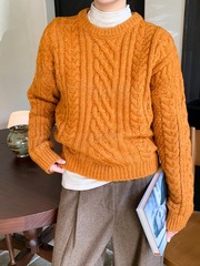 冬日氛围 韩系麻花慵懒风宽松纯色圆领套头毛衣女加厚软糯内搭