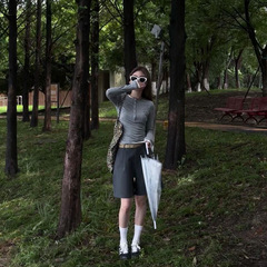 韩系灰色假两件打底衫小众拼接长袖2025早秋新款五分西裤两件套