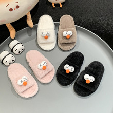 跨境卡通大眼睛短毛绒儿童棉拖鞋秋冬居家穿平底露趾男童女童毛拖