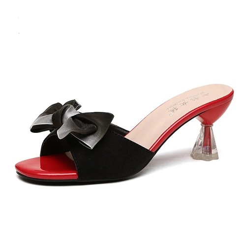 New crystal heel, medium heel, sweet one-word flip-flops, bow-knot sandals and slippers for women, versatile summer wear, stiletto heels and high-heeled slippers