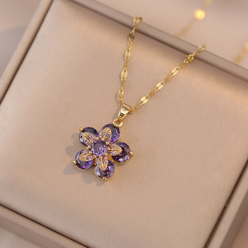 Flower Pattern Wholesale Jewelry Elegant Flower Titanium Steel Copper Diamond Pendant Necklace