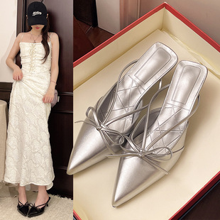 Thin Heel Bow Toe Half Slippers Fairy Shoes 2025 Spring and Summer Satin French Style Half Slippers