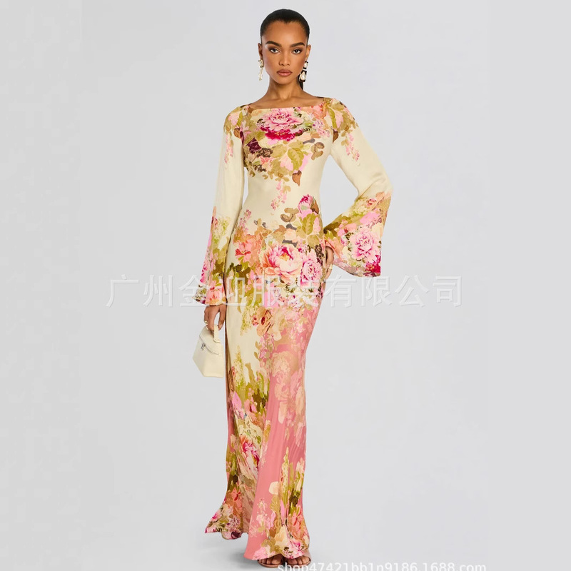 2025 Cross-Border European and American Foreign Trade Women's Clothing Printed Floral Long-Sleeved Bell-Sleeved Long Dress Evening Gown