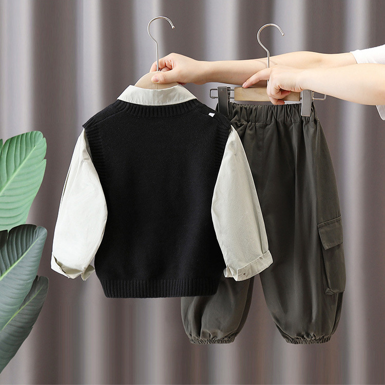 6209 Traje de otoño para niños 2025 Nueva camisa de manga larga de primavera y otoño para niños Baby Net Chaleco rojo de tres piezas