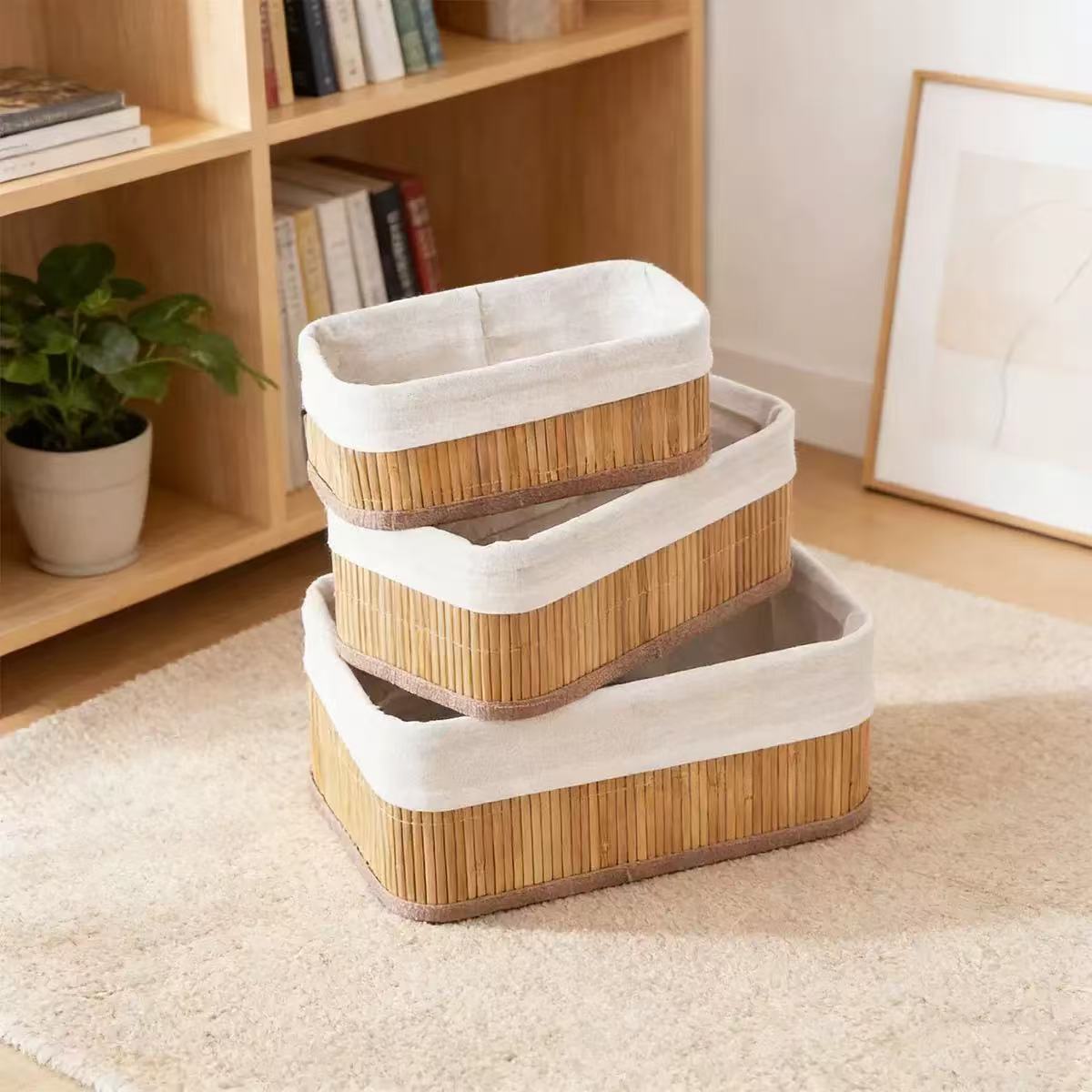 Bamboo Woven Storage Basket for Home Use, Desktop Cleaning and Organizing Basket, Storage Basket for Snacks and Miscellaneous Items, Desktop Storage Three-Piece Set