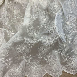 夏季天丝花朵刺绣面料高档汉服蕾丝波浪双边女装丝绸服装绣花布料