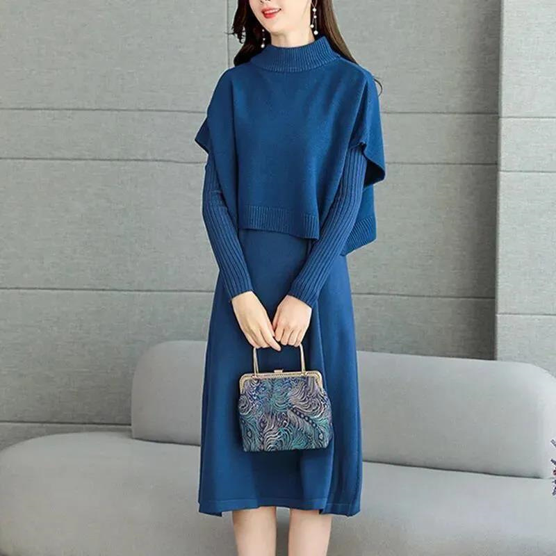 Long-Sleeved Dress, Korean Sweater Vest Suit, Fashionable Age-Reducing Slimming Belly-Covering Knee-Length Sweater Dress Long-Sleeved Dress, Korean Sweater Vest Suit, Fashionable Age-Reducing Slimming Belly-Covering Knee-Length Sweater Dress