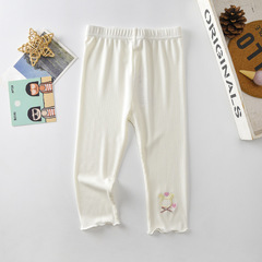 Girls' leggings summer thin 2023 new children's pants cropped pants stretchy heart rabbit embroidered summer pants