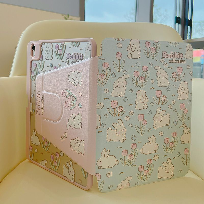Tulip Little White Rabbit Protective Case for iPad Air5 9Th Generation Anti-Bending Pen Slot Pro 11inch Mini6 Rotatable Tulip Little White Rabbit Protective Case for iPad Air5 9Th Generation Anti-Bending Pen Slot Pro 11inch Mini6 Rotatable