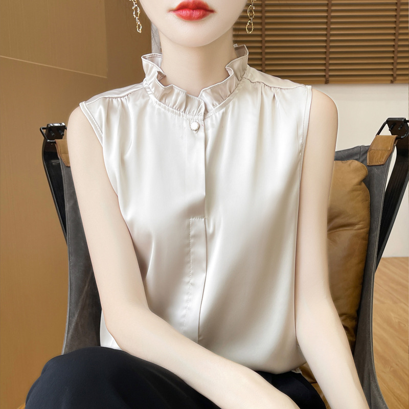 Light Luxury Satin Ear Collar Sleeveless Shirt Base Shirt Vest Women's Silky Sliding Collar Stacked Wearing Loose Lace Collar