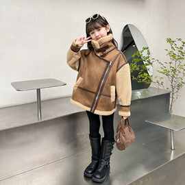 儿童加绒外套2024冬季新款女童加厚中大童皮毛一体机车宝宝复古风