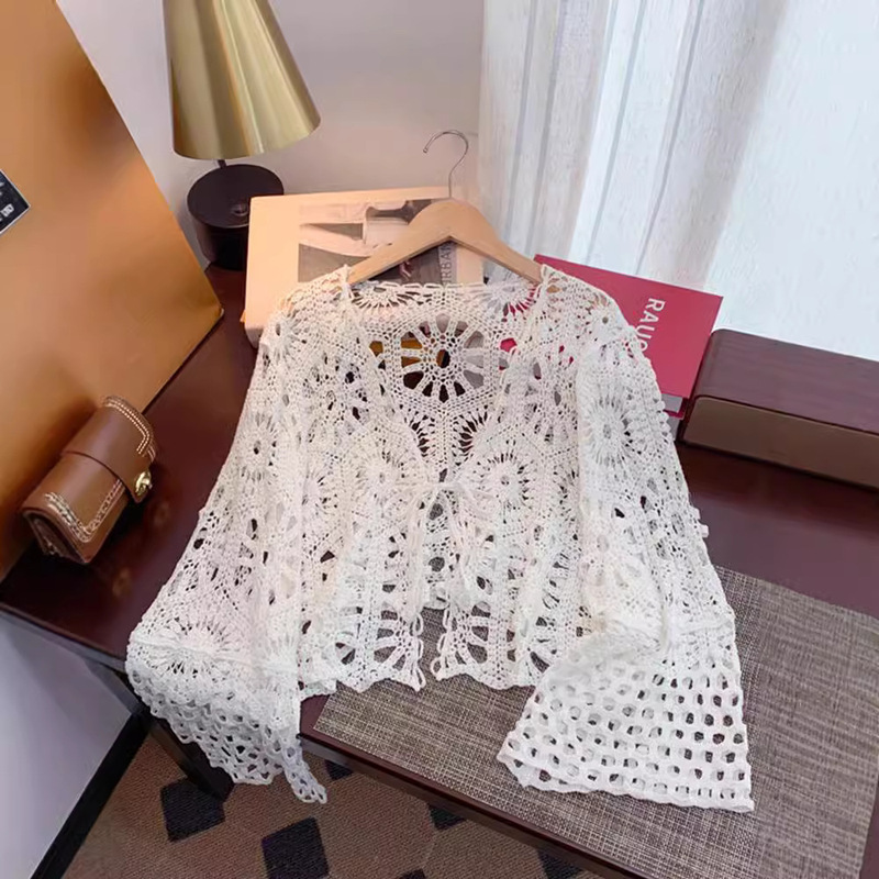 2025 Summer Thin Knitted Sweater Women's Embroidered Hollow Long Sleeve Beach Wear Women's Tops and Jackets Versatile 2025 Summer Thin Knitted Sweater Women's Embroidered Hollow Long Sleeve Beach Wear Women's Tops and Jackets Versatile