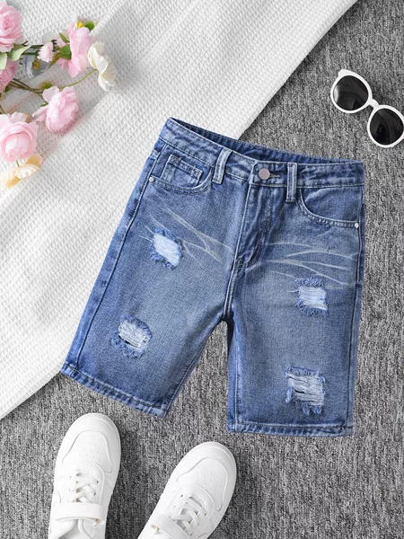 Summer New European and American Style Children's Fashion Trend Korean Style High Street Ripped Jeans Casual Loose Shorts