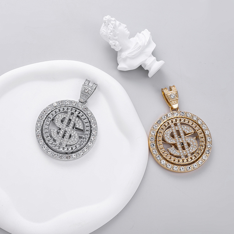USD symbol gold coin rotating hiphop Cuban chain personality hip-hop men's necklace trendy accessories_voghion.com