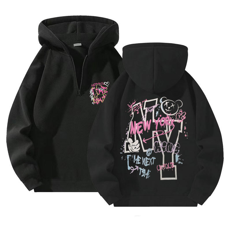 Sweater New Autumn Clothing European and American Bear Printed Hooded Sweater Casual Men's and Women's Wide 1/4 Zipper Loose Hoodie Sweater New Autumn Clothing European and American Bear Printed Hooded Sweater Casual Men's and Women's Wide 1/4 Zipper Loose Hoodie