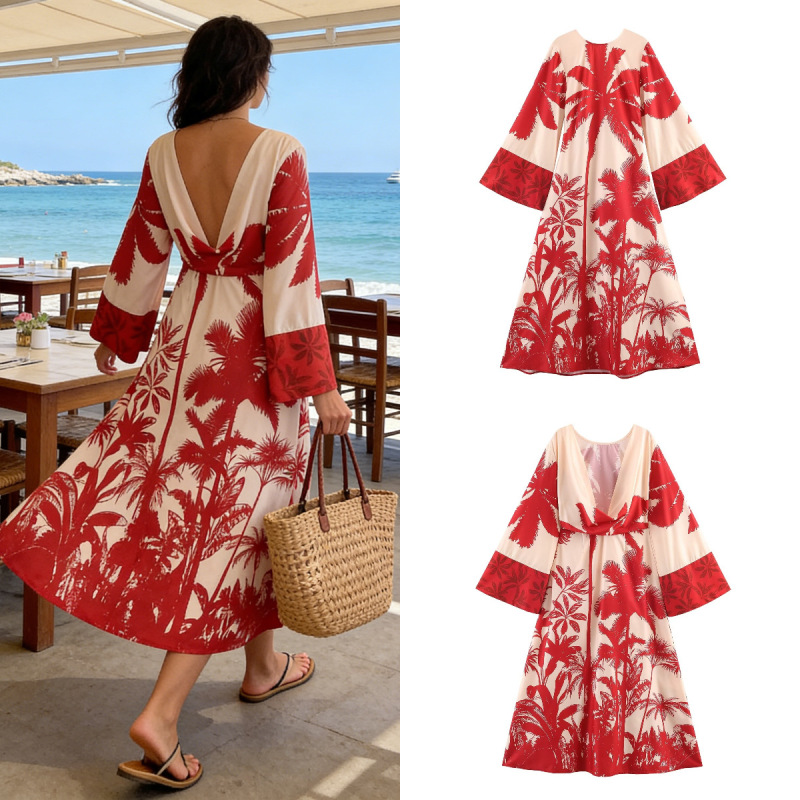 Z Brand Foreign Trade Cross-Border European and American Style Women's Clothing 2026 Spring New Loose-Fitting Printed Back-Draped Collar Dress