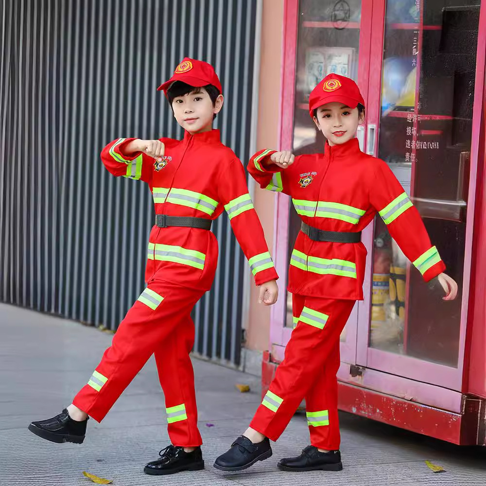 Disfraz de bombero para niños para el 1 de junio, traje de bombero para experiencia profesional, juego de rol en el jardín de infantes, disfraz de bombero para niños pequeños, medianos y mayores