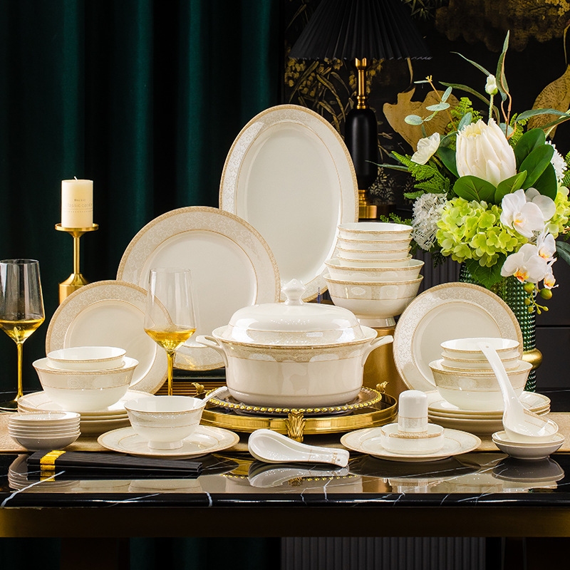 Jingdezhen Ceramic Tableware Dishes suit Household Dishes and Dishes Combination Bone China Light Luxury Dishes and Chopsticks Gift Wholesale