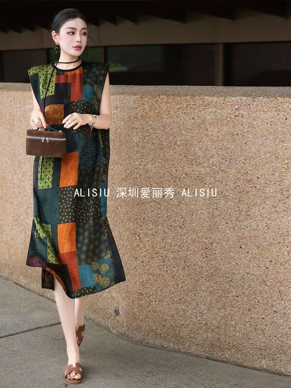 New Chinese-Style Silk Xiangyun Yarn Dress, Summer Vintage Sleeveless Loose Straight Long Dress