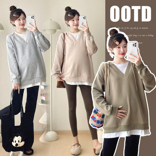 2024 autumn and winter new stitching fake two-piece even large version pregnant women hooded top