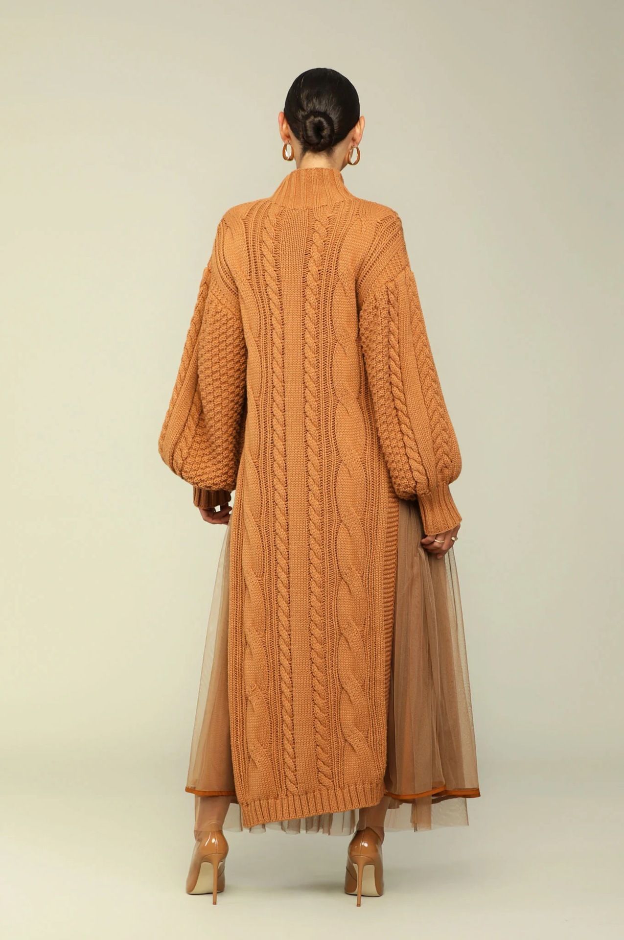 Women's Clothing women's fashion solid color lantern sleeve stand collar knitted skirt sweater skirt dress two piece suit_voghion.com