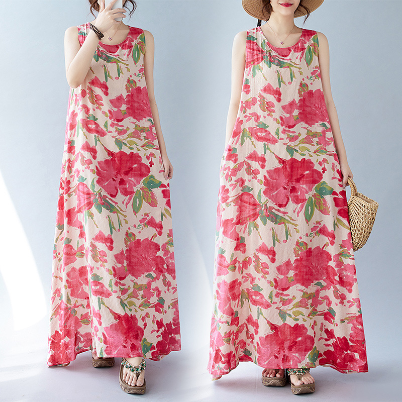 Real Shot Of The 2024 Summer New Bohemian Artistic Loose Sleeveless Round-neck Printed Mid-length Dress For Women_ecoleips.com
