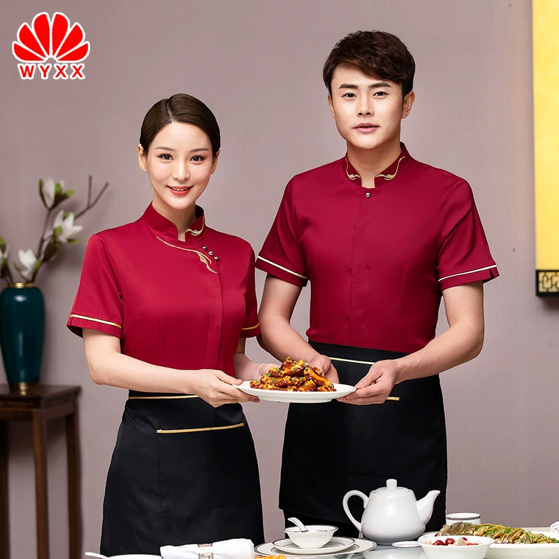 Официант рабочая одежда с коротким рукавом Элитный Отель китайский чайный Ресторан Одежда для общественного питания горячий горшок ресторан отель Лето Новинка