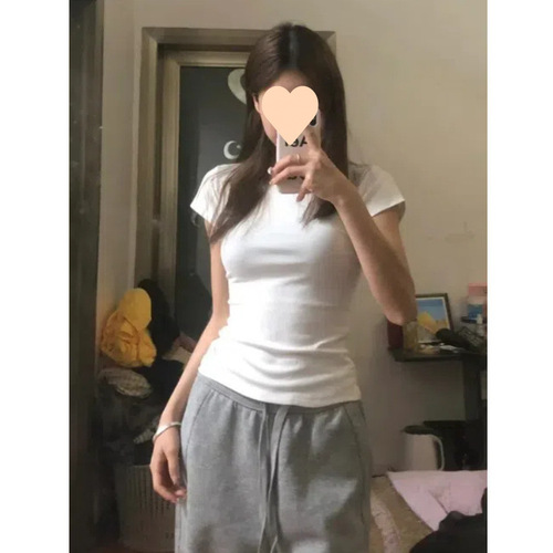 Cotton Pink Right Shoulder Short Sleeve Shirt Women 2025 Summer Slim American Comic Waist Tight Slim Top