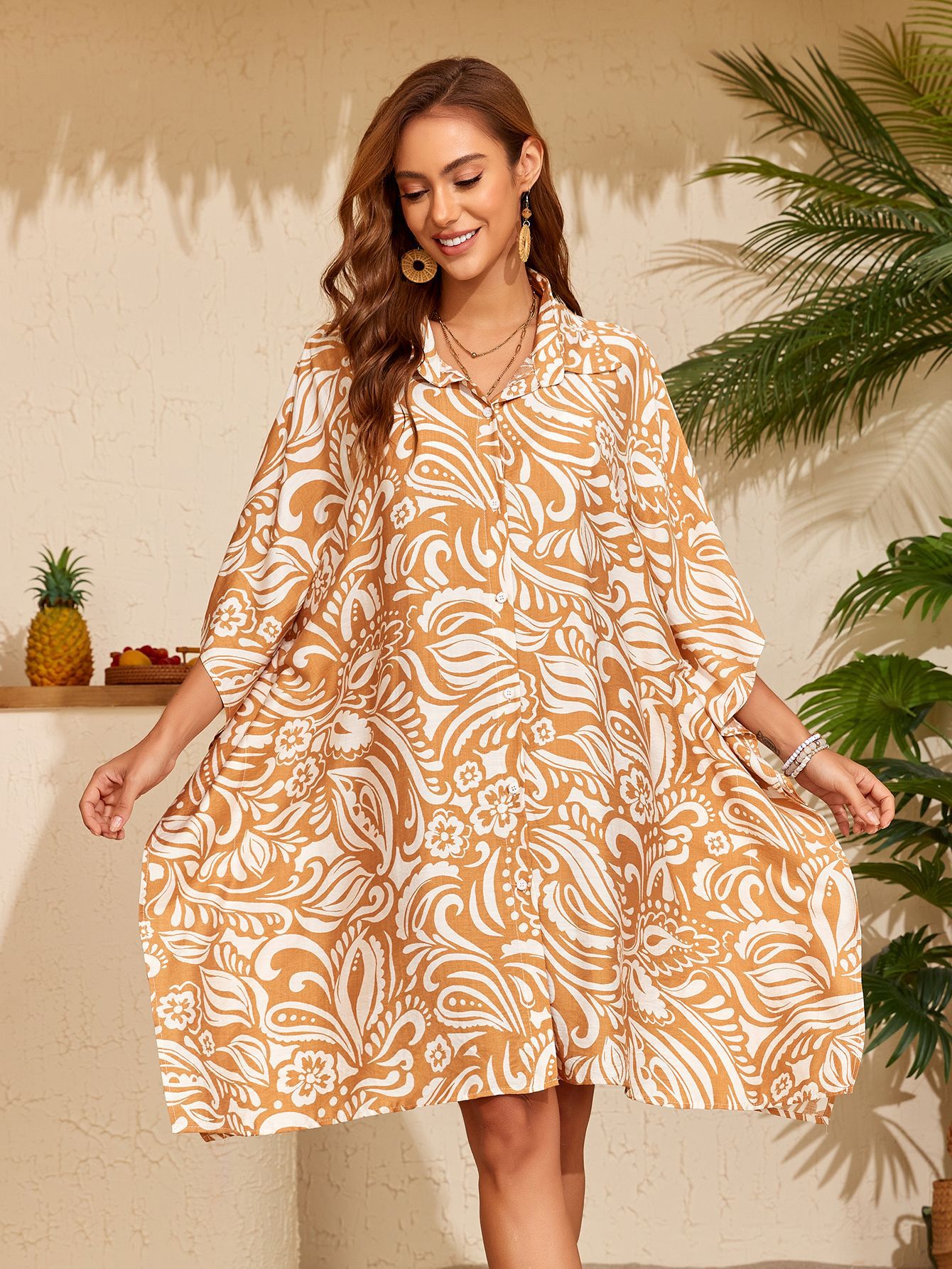 12 colores transfronterizos europeos y estadounidenses impresión de algodón camisa suelta sexy vacaciones costera bikini camisa protector solar HD20