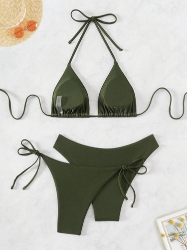 New European and American-style women's swimwear: solid-color halter-neck tie-string triangle brief bikini, two-piece three-piece set bikini.