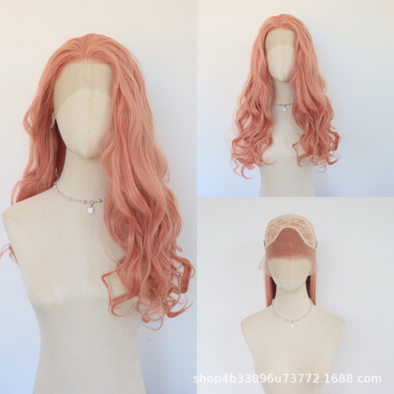 13*4 Lace Front Hand Crochet Light Pink Long Curly Hair Big Wave Women Long Curly Hair Matte High Temperature Silk Synthetic Hair Wig