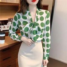 2022秋季新款韩版复古大波点蝴蝶结气质淑女雪纺衫上衣女黑色蓝色