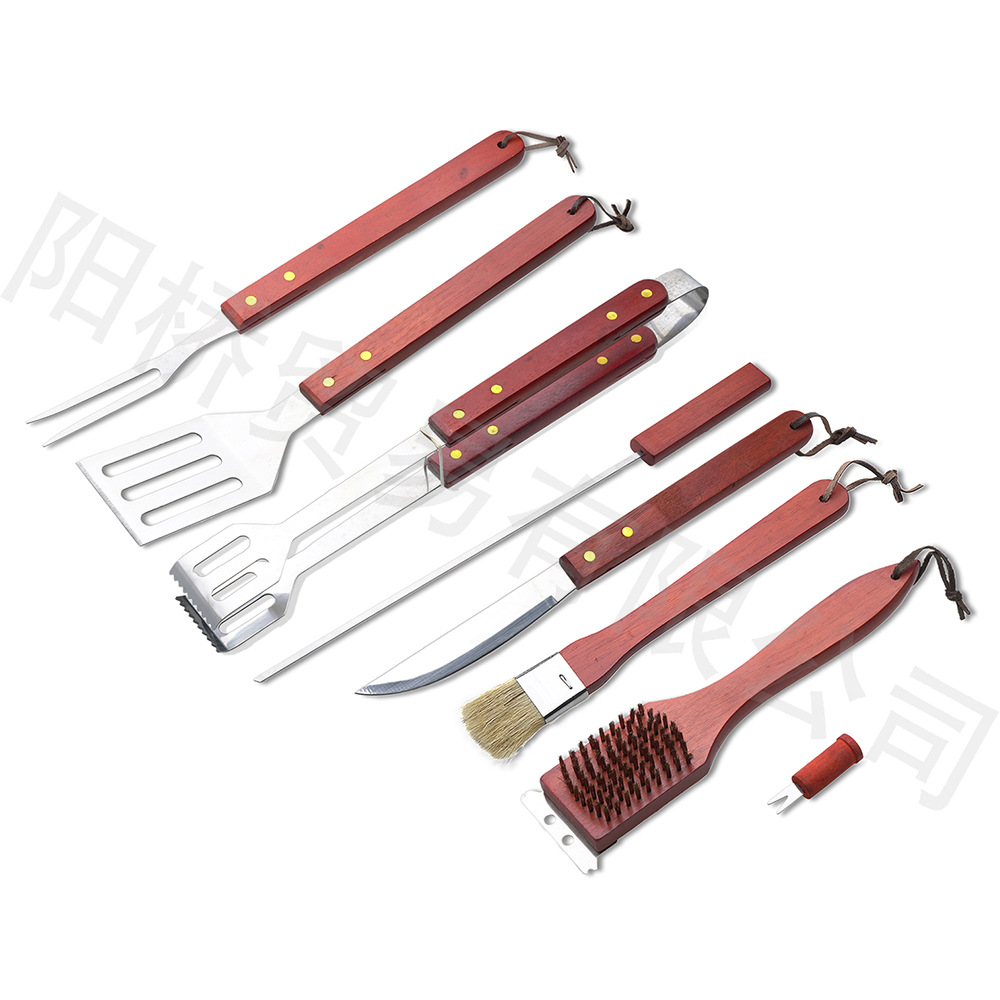 Fábrica al por mayor mango de madera traje combinación de acero inoxidable parrilla al aire libre barbacoa plástico caja de plástico 19 piezas herramientas de barbacoa