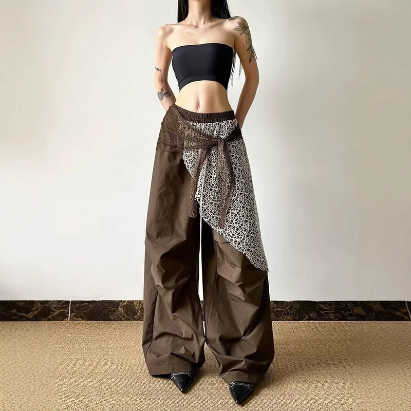 American-Style Casual Street Ruched Personality Faux Two-Piece Women's Pants with a Cool Design, Slimming and Versatile Wide-Leg Pants