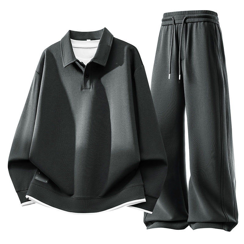 2026 primavera para hombres de peso extra tamaño falso dos piezas con solapa suéter pantalón conjunto de camisa coreana juvenil empalme