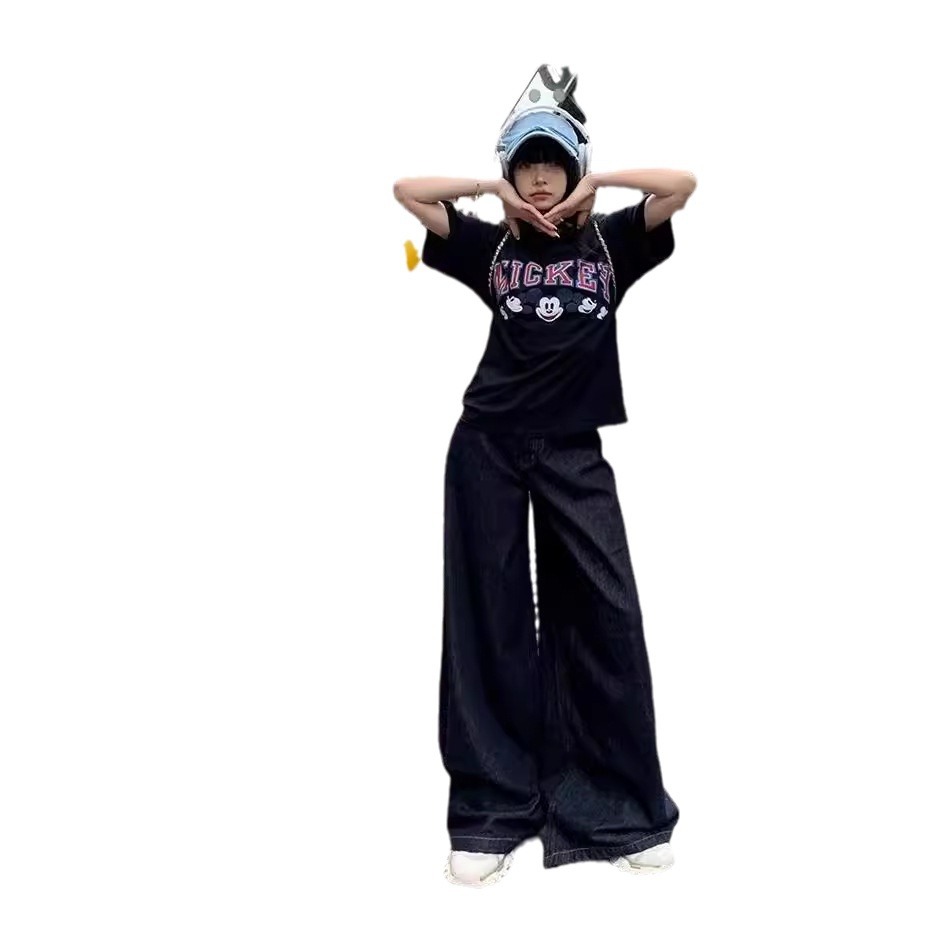 다크 블루 미국식 느슨한 와이드 레그 청바지 여성 2024 년 여름 새로운 딥 게으른 캐주얼 스트레이트 팬츠