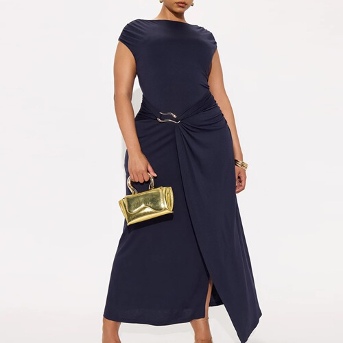 European and American Style Summer New Women's Fashion Charming Solid Color Crew Neck Slimming Sheath Dress with Slits