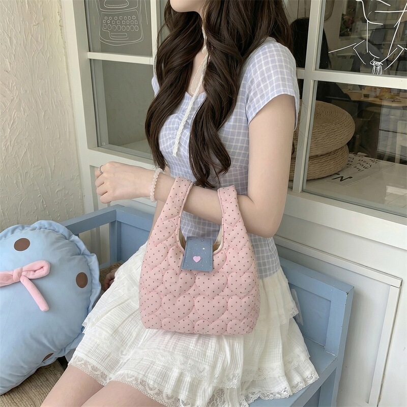65261 Cream Yellow Vertical Striped Quilted Handbag Japanese Style Girl's Lipstick Earphone Storage Bag Solid Color Wrist Bag