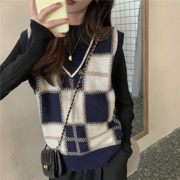 格子V领针织背心女 秋冬新款宽松马夹外搭跨境无袖毛衣坎肩潮