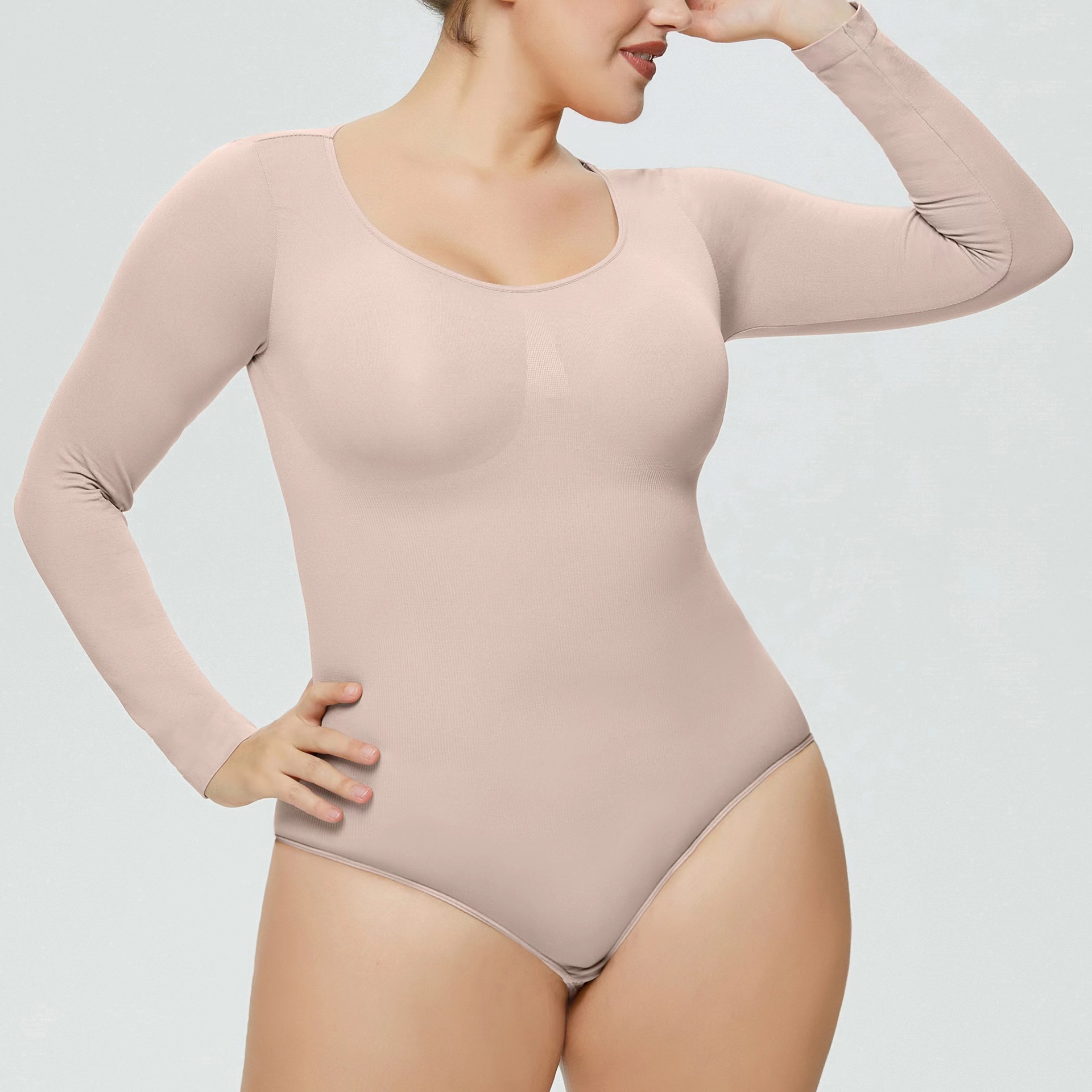 Cross-border European and American Long-sleeved Large-size One-piece Underwear Seamless Chest-supporting Fit Body Shaping Belly Shaping Body Shaping Triangle-breasted