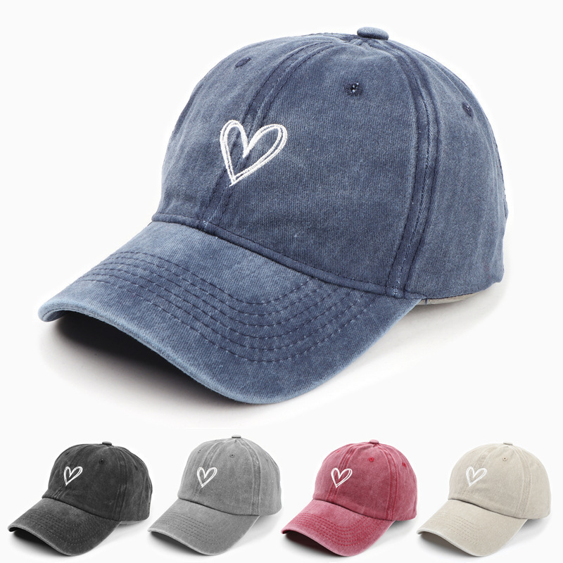 Versatile Peach Heart Embroidery Washed Vintage Spring and Summer Baseball Cap for Women Korean Version Thin Couple Soft Top Duckbill Cap Cross-Border