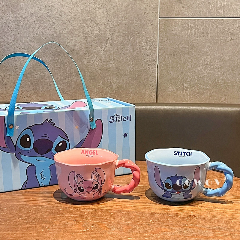 Керамическая чайная чашка (Disney Stitch) набор 380 мл, подарочная коробка с рисунком Стич и Энджел