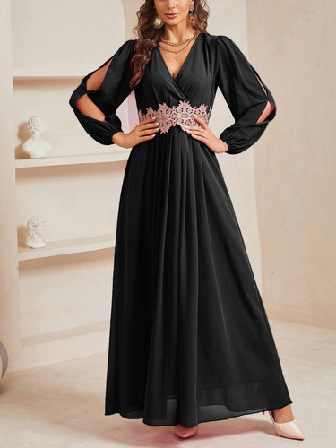 New European and American Long Dress for Evening Events—V-Neck Dress for Women, Waist-Slimming, Slimming, Elegant, and Graceful Evening Gown
