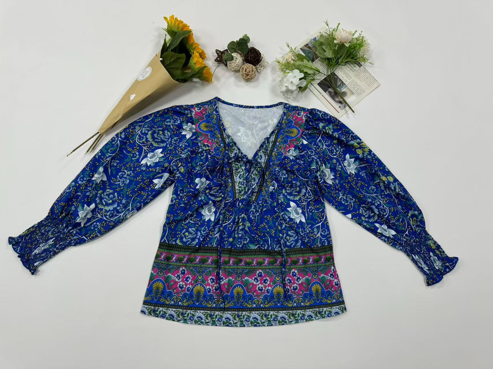 84g Weight Long Sleeve Sleeve Length Tie Placket Type Regular Sleeve Sleeve Type Viscose fiber Fabric Type Regular Top Length Blouse Tops Type Holiday, Banquet, Selfie Occasion V Neck Neckline Loose Fit Type Printing Pattern Summer, Spring, Autumn Season Women's Gender Vintage Style, Bohemian Style Wholesale Women's Vintage Style Bohemian Printing Long Sleeve Blouses 8