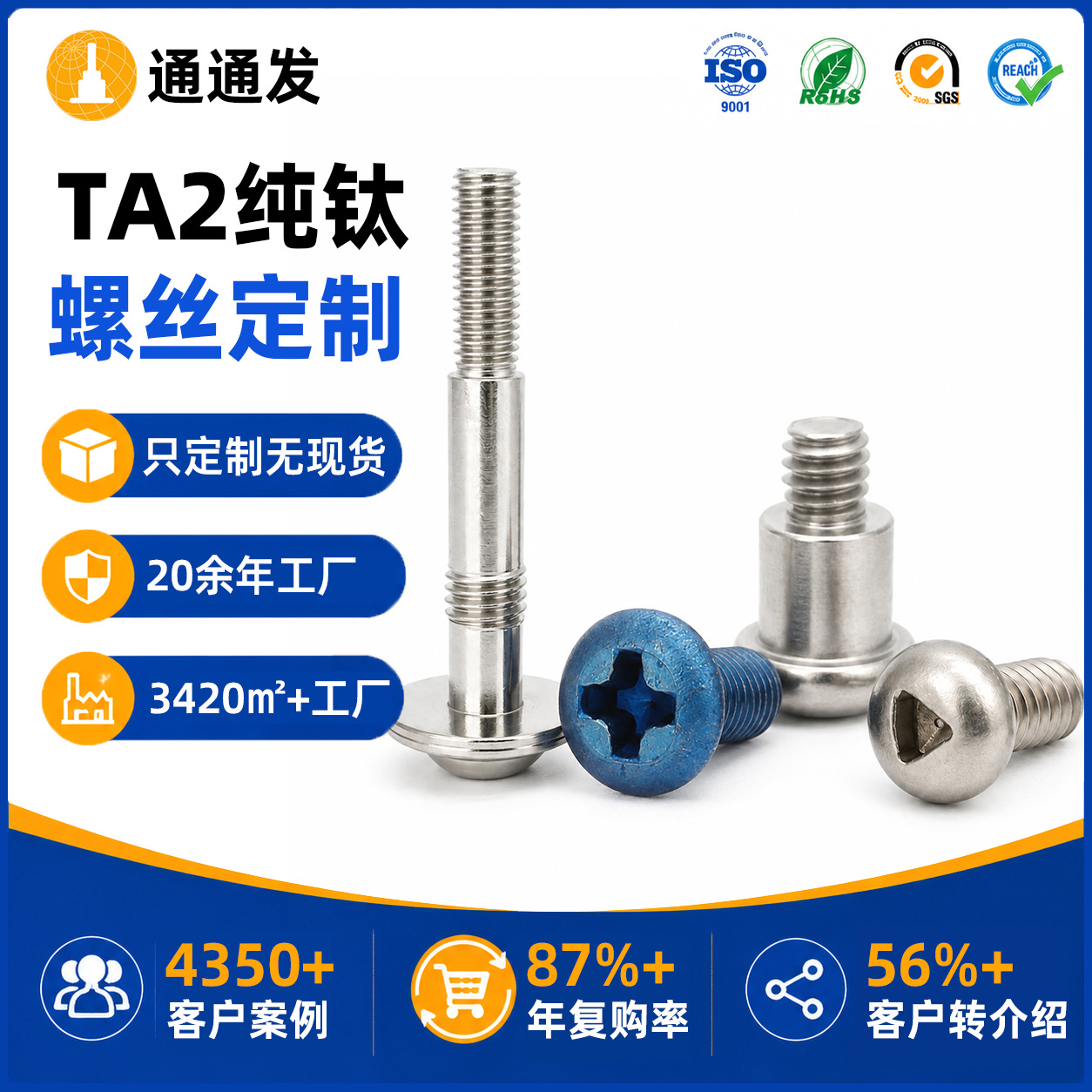 钛螺丝 阳极氧化蓝色盘圆头十字机丝TA1TA2纯钛螺丝 来图来样