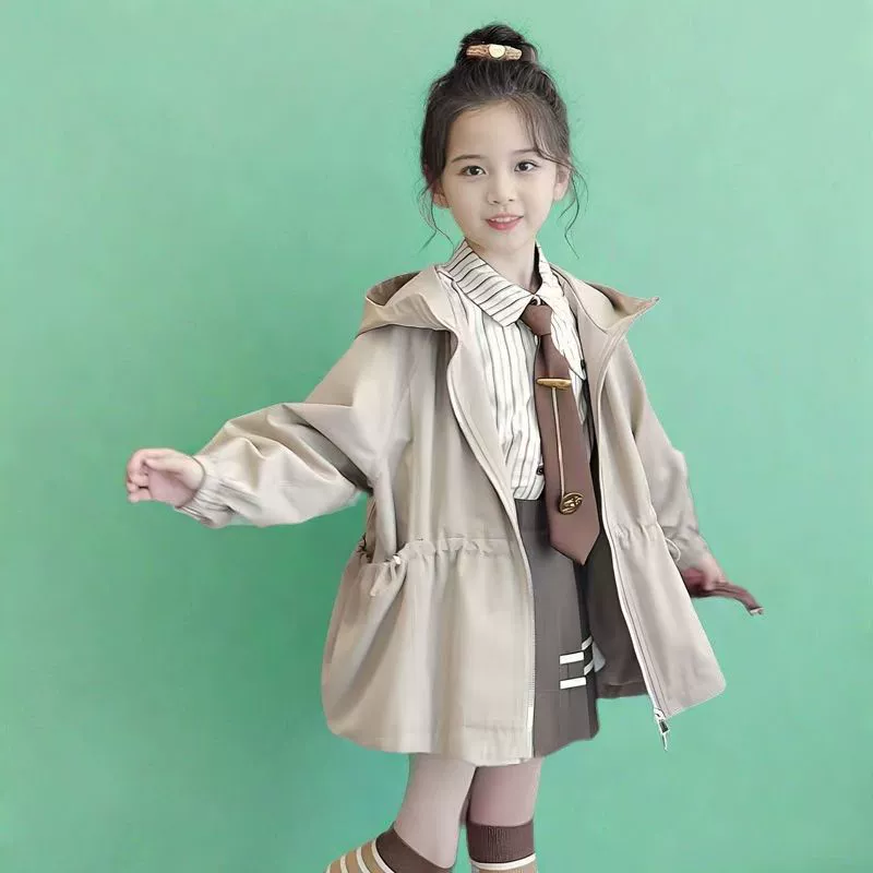Детское trench coat, хаки куртка с капюшоном, средней длины