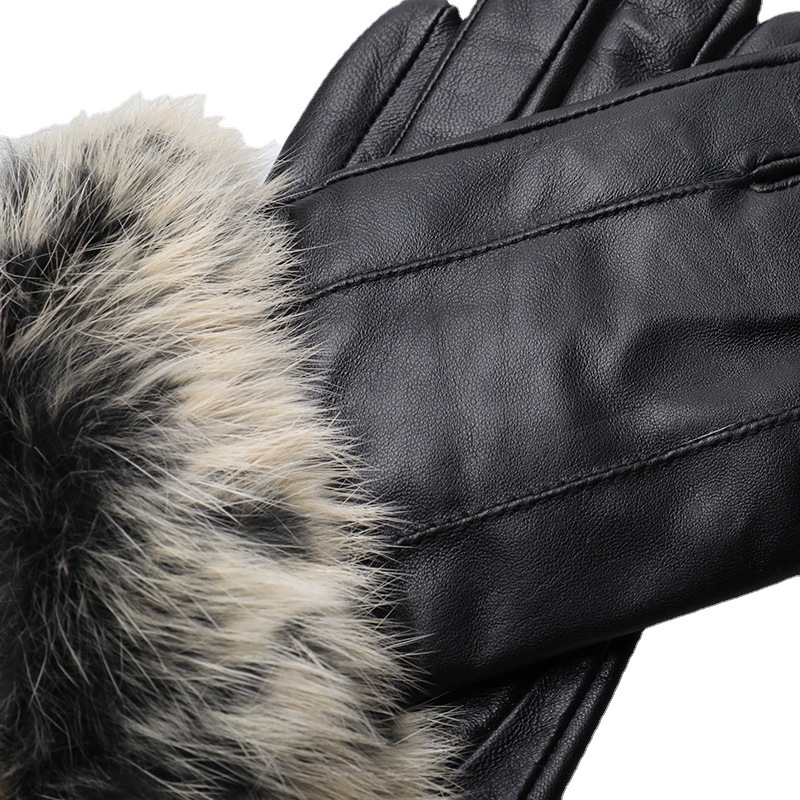 冬黑色单色冬季女骑行现货保暖手套獭兔毛口加绒防寒真皮羊皮手套