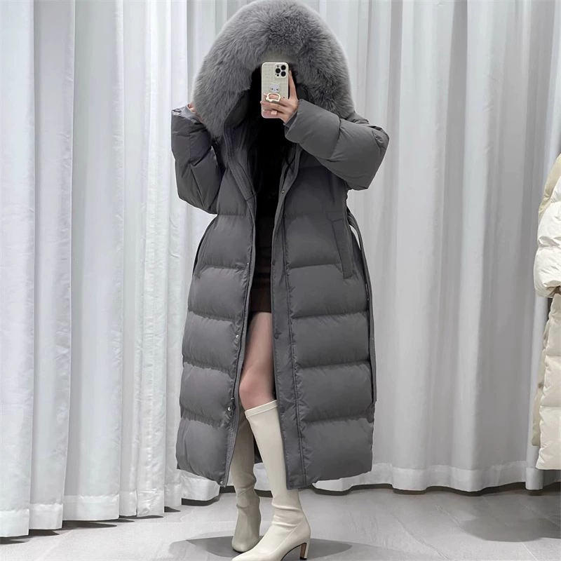 Женская удлиненная зимняя куртка-пуховик 2025 года, ниже колена, больших размеров, свободного кроя, из белого утиного пуха, в корейском стиле, теплая, для защиты от холода